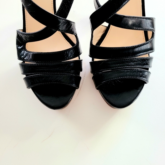 PRADA Black Leather Platform Stacked Wood Heel With Gold Buckle Ankle Strap 36 - Picture 9 of 12